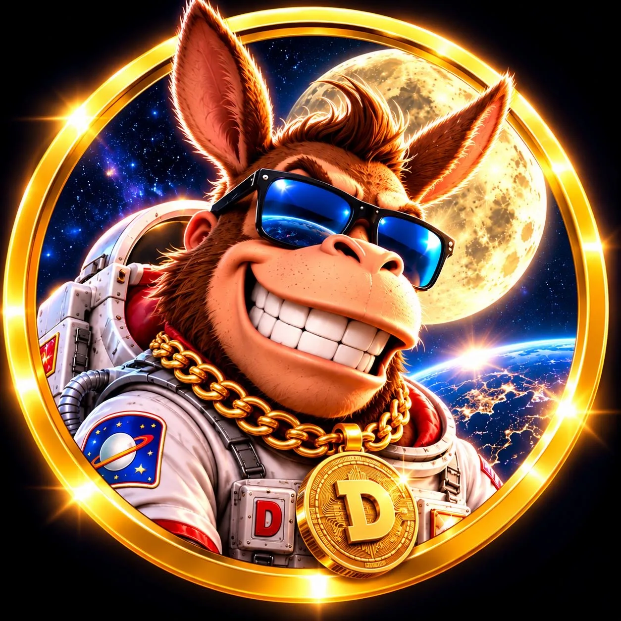 Donk, the DONKEY KOIN astronaut mascot, wearing a gold D medallion