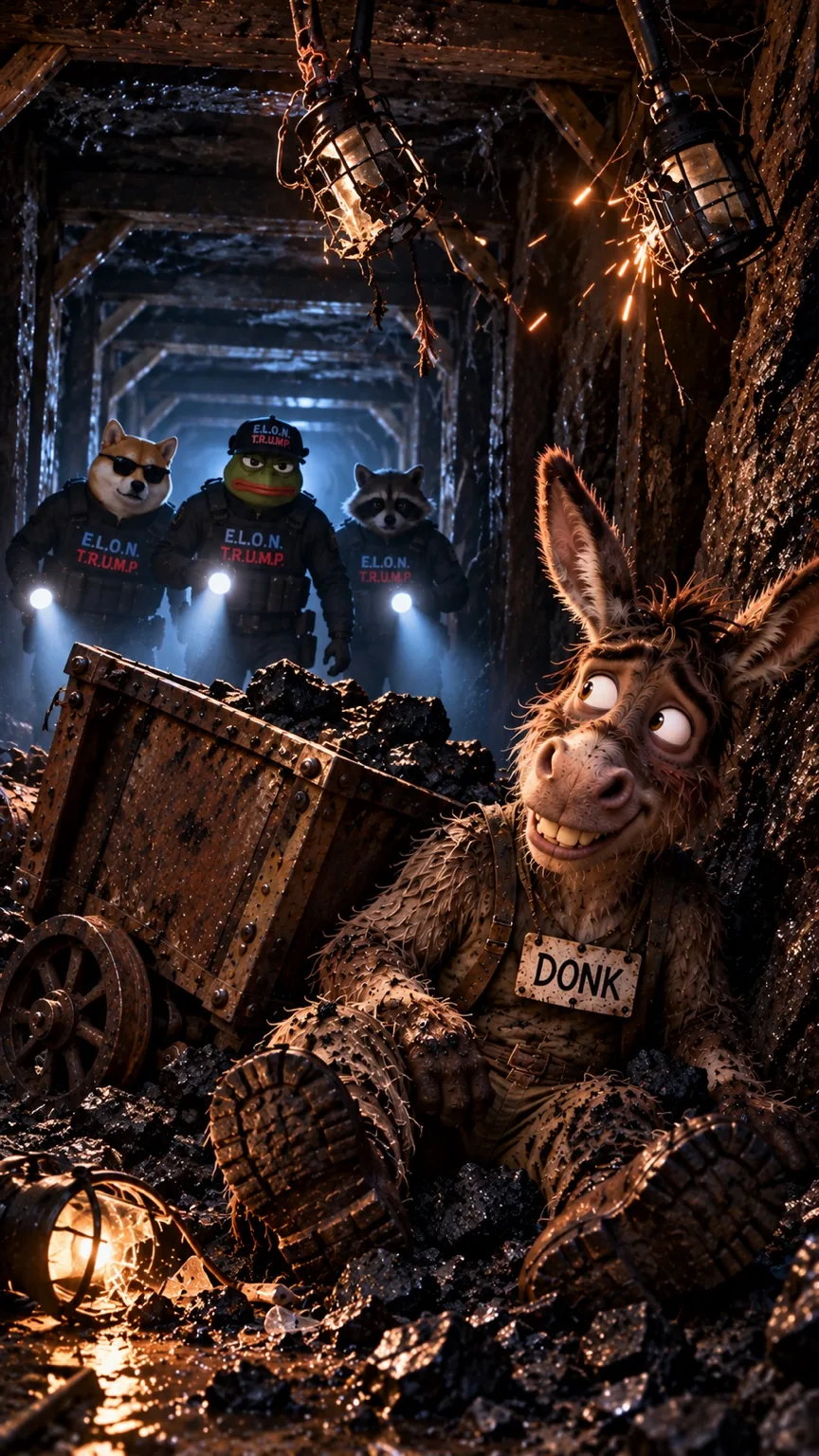Scruffy Donk hiding in a dark mine tunnel from fictional E.L.O.N. T.R.U.M.P. agents